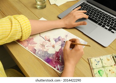 Woman Drawing Picture At Online Art Lesson, Closeup. Distant Learning