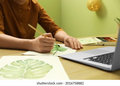 Woman Drawing Picture At Online Art Lesson, Closeup. Distant Learning