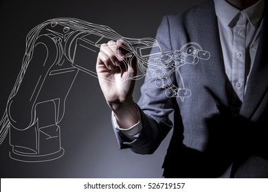 Woman Drawing A Robot Arm In The Air, Industrial Design Concept Visual