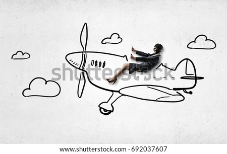 Woman in drawn airplane . Mixed media