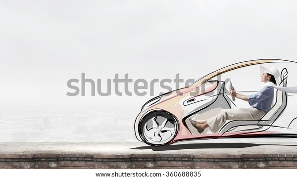 Woman in drawn\
car