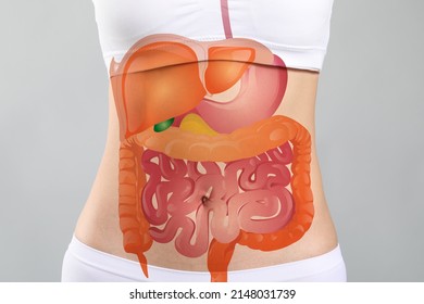 Woman with drawn digestive system on light background, closeup - Shutterstock ID 2148031739