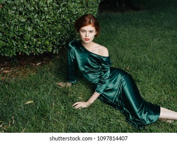 Woman In Dress On Grass, Top View