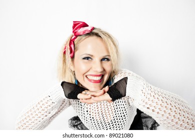 Woman Dressed In 1980s Style Smiling For The Camera