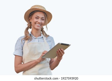 Woman Dressed Apron With Digital Tablet Isolated White Background Farmer Agricultural Caucasian Middle Age Female Business Owner  Happy One Person Smiling Time To Advertise Concept Web Banner