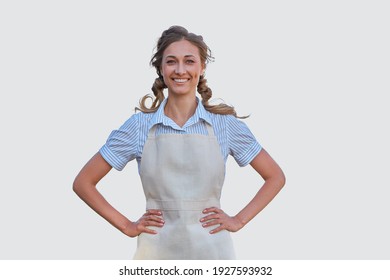 Woman Dressed Apron White Background Caucasian Middle Age  Female Business Owner In Uniform Happy One Person Smiling Time To Advertise Small Business 