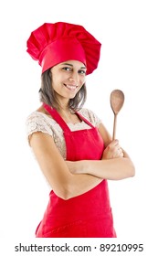 Woman Dressed As A Cook With Cap Over White Backgound