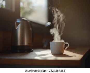 Woman is drinking coffee , morning routine. Tiny house. First property. Small apartment interior design. Minimalism. Moving in. Living alone. Charming trailer house with the morning sun - Powered by Shutterstock