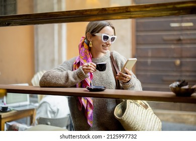 Woman Drinking Espresso Coffee At Traditional Old Style Italian Cafe On A Bar At Window On Cozy Street. Concept Of Italian Lifestyle