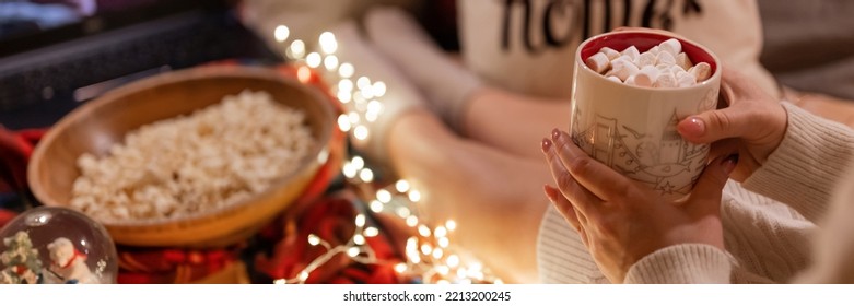 Woman Drinking Hot Chocolate Cup Marshmallow In Hand Holding Watching Movie 