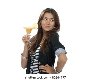 Woman Drinking Margarita Cocktail. Pretty Brunette Lady Holding Popular Orange Margaritas Cocktails Drink Glass With Lemon In Right Hand Isolated On A White Background