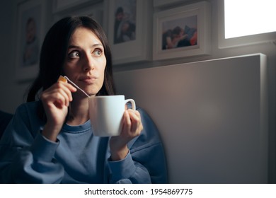 Woman Drinking Tea For Insomnia Sitting In Her Bedroom. Sleepy Young Person Having A Calming Homeopathic Herbal Beverage Before Sleep 
