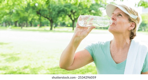 Woman drinking water outdoors, staying hydrated. Middle-aged woman enjoying nature, drinking water. Hydration and refreshment in a sunny park setting. Mature woman drinking water in park. - Powered by Shutterstock