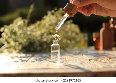 Woman Dripping Essential Oil Onto Chamomile In Bottle At White Wooden Table, Closeup