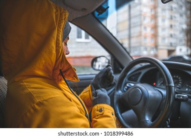 Woman Drive Car In Cold Winter Weather