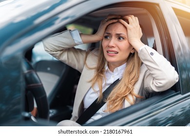 Woman Driver Scared Shocked Before Crash Or Accident Hands Out Of Wheel On Road