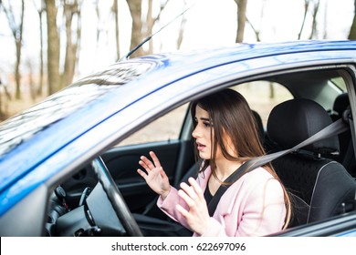 Woman Driver Scared Shocked Before Crash Or Accident Hands Out Of Wheel On Road