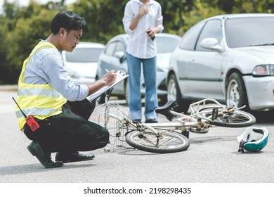 Woman Driver Shock With Car Accident Hit Bicycle On The Road Claim Police Officer Working Collecting Data At The Scene