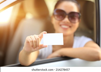 Woman Driver Sit In Car Hold One Blank Business Card 