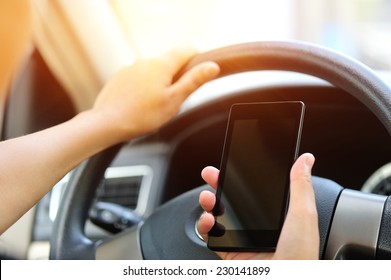 Woman Driver Use Her Cell Phone Driving  Car