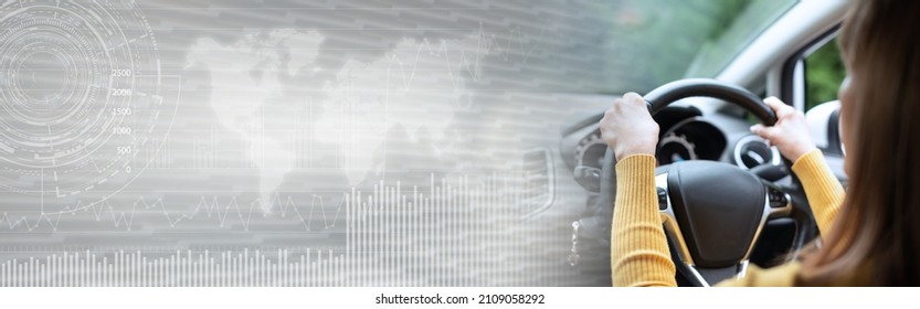 Woman Driving With Her Two Hands On Steering Wheel; Panoramic Banner