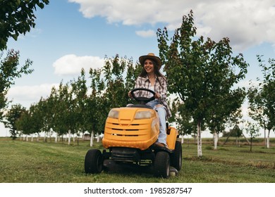 Woman Driving Lawn Mower In Orchard