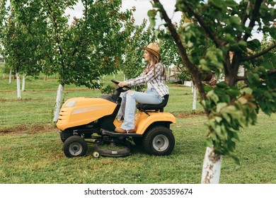 Woman Driving Lawn Mower In Orchard