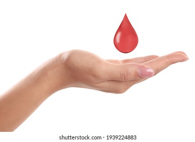 Woman And Drop Of Blood On White Background, Closeup. Anemia Concept