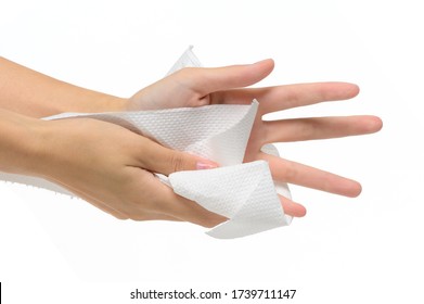 Woman drying hands with paper- Isolated on white background