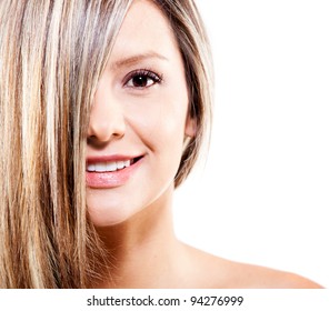Woman with dyed blond hair - isolated over a white background - Powered by Shutterstock