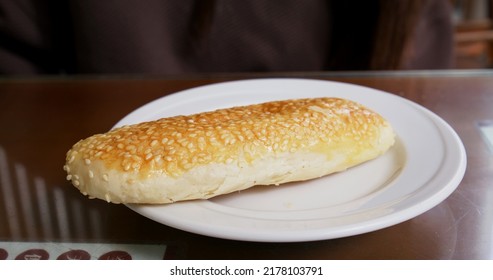 Woman Eat Bread In Breakfast Store At Taiwan