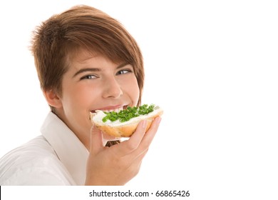 Woman Eating Bread With Cottage Cheese And Chives