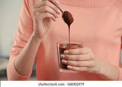 Woman Eating Delicious  Chocolate Mousse, Closeup