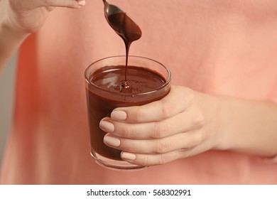 Woman Eating Delicious  Chocolate Mousse, Closeup