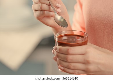 Woman Eating Delicious  Chocolate Mousse, Closeup