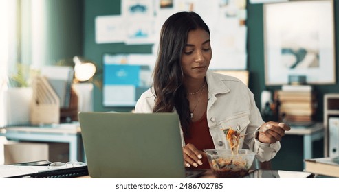 Woman, eating and food in home office with laptop for online, remote work and lunch break for hunger or multitasking. Female freelancer, internet and noodles with salad for healthy diet and brunch. - Powered by Shutterstock