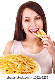 Woman Eating French Fries. Isolated.