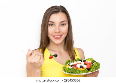 Woman Eating Healthy Food, Greek Salad