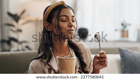 Woman, eating ice cream and living room on couch, thinking or idea for dessert, sweets or relax in home. Girl, gelato or frozen yogurt for snack, lounge sofa and house with memory, choice or decision