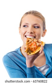 Woman Eating Pizza, Isolated On White