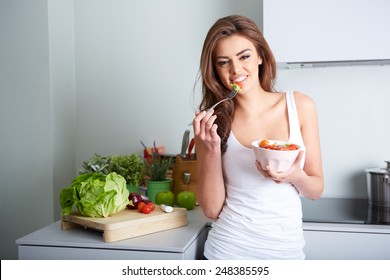 Woman Is Eating A Salat In Bowl, Indoor