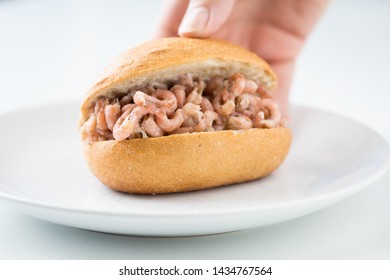 Woman Eating Typical German Friesland Cuisine Is North Sea Crab Bun As Fast Regional Snack