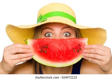 Woman Eating Watermelon Isolated On White