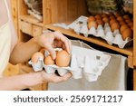 Woman with egg carton box buying bio organic eggs from local farm in zero waste shop. Shopping in sustainable plastic free grocery store. Minimalist lifestyle