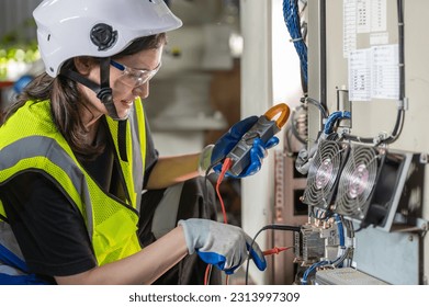 Woman Electrician engineer work check tester measuring voltage and current of power electric line in electricity cabinet control. Workers use clamp meter to measure current electrical wires