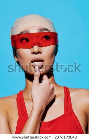 Woman elegance smiling red blue emotion asian sunglasses portrait beauty fashion beach glasses
