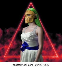 Woman Elf With Green Hairs And Mask Against Red Background