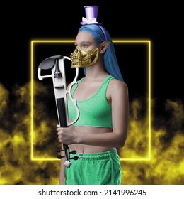 Woman Elf With Top Hat And Mask Against Yellow Background