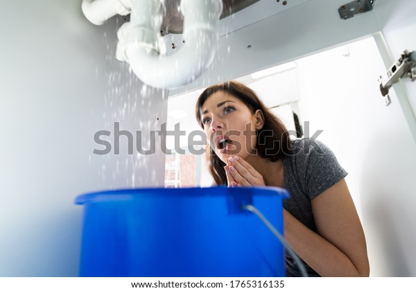 Woman With\
Emergency Plumbing Sink Leak\
Problem