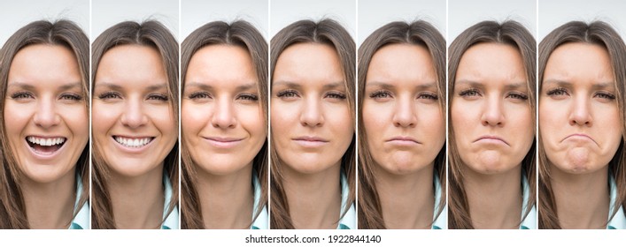 Woman emotions range from extremely happy to extremely sad. Happy and sad woman face. Young lady expressing different emotions. Smiling and frowning face. Emotional contrast.
